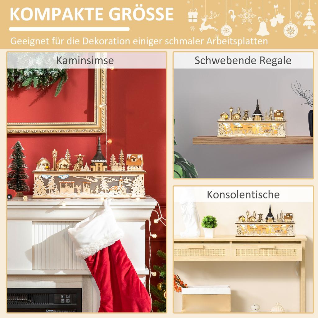 Christmas decoration, Christmas village, 10 LEDs, warm white light, 45 x 10 x 25 cm, wood decor
