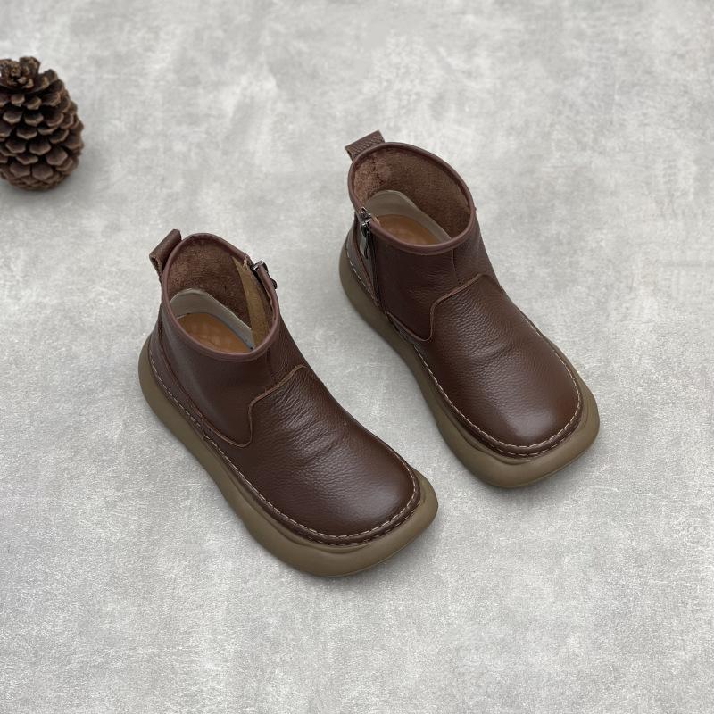 Johnature Ekte skinn Ankelstøvletter med myk såle Retro Rund tå Glidelås på siden Kvinners Flate Korte Støvletter