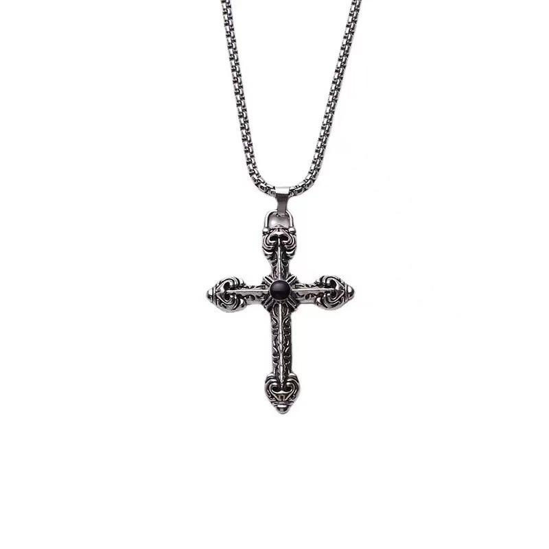European-American Trendy Cross Necklace: Titanium Steel Hip Hop Pendant, Unisex Sweater Chain for Students.