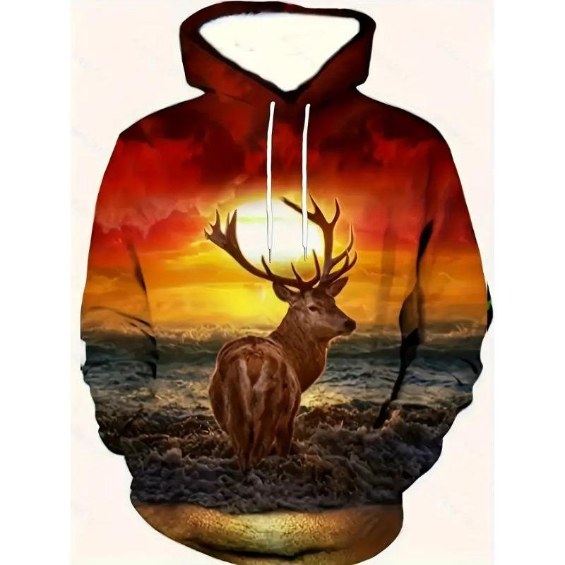 Stilvoller Kapuzenpullover für Herren mit Hirsch-/Elch-Aufdruck, bequem, 100 % Polyester, für den Winter und Herbst, Streetwear