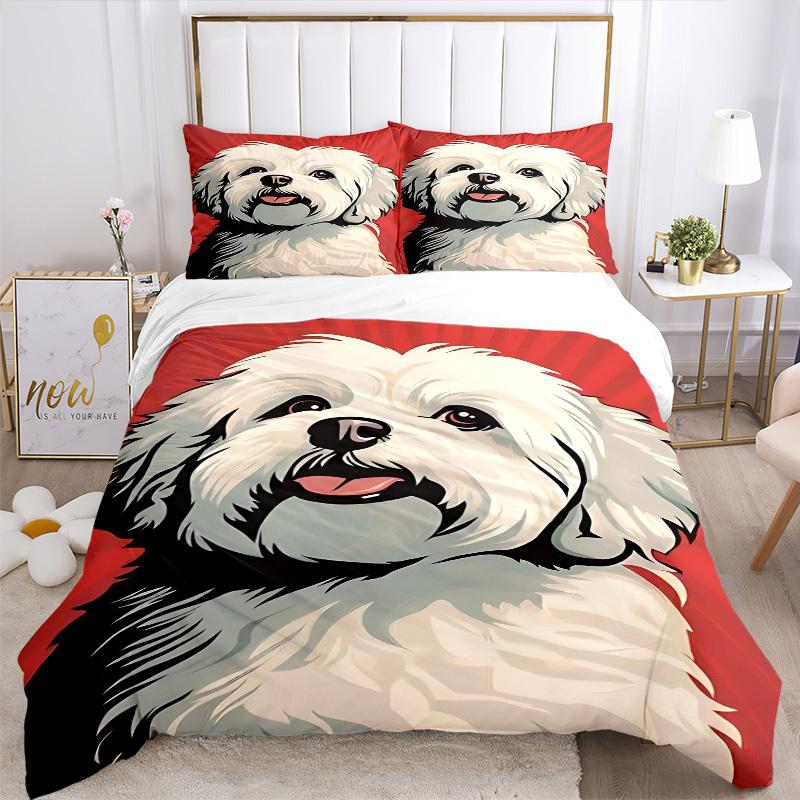 3PCs Maltese Dog Design Cover Set, Breathable Fabric, Machine Washable (1 Duvet Cover + 2 Pillowcases) (Without Quilt) Yy250911171