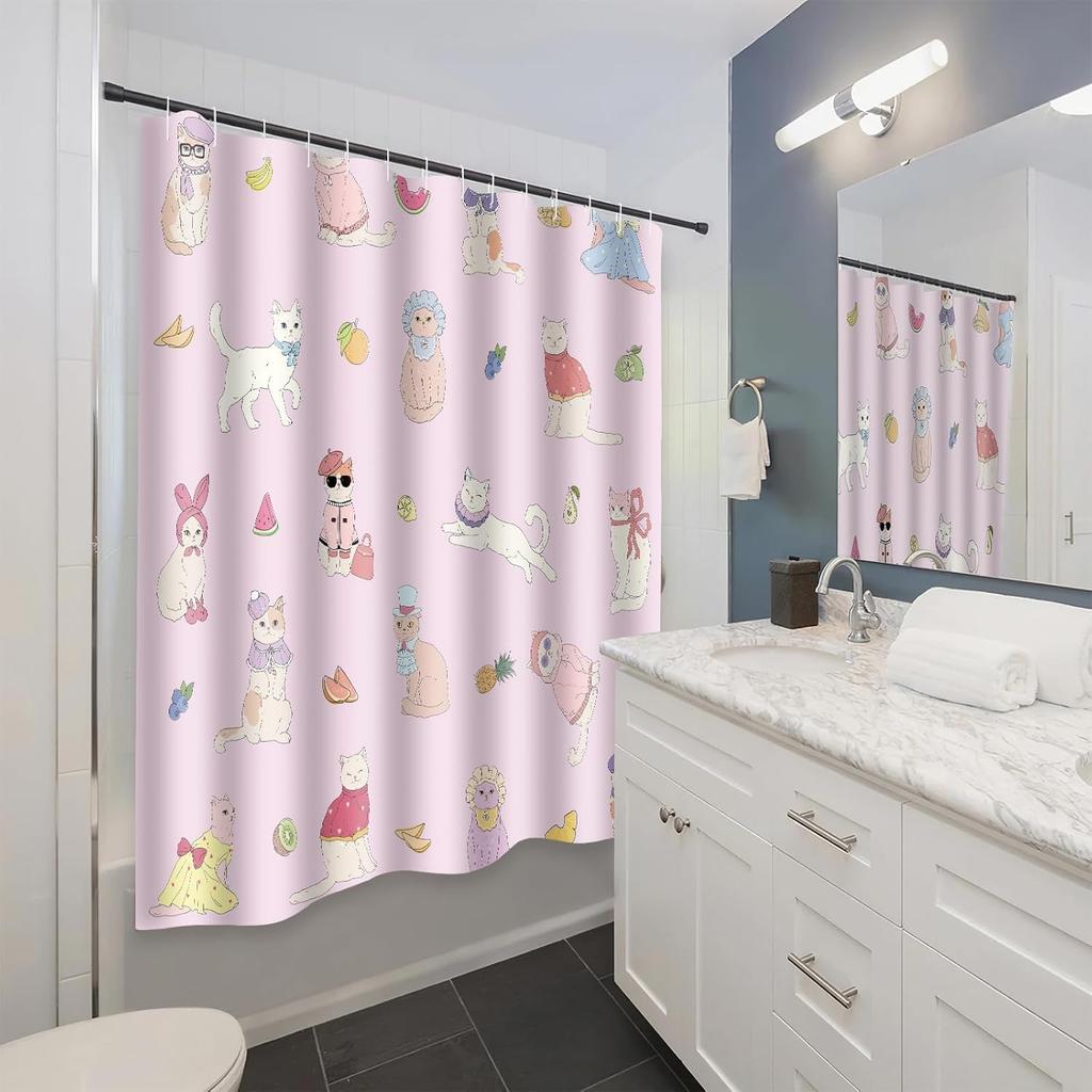 GAECute Zasłona Prysznicowa z Kotem do Dekoracji Łazienki, Wiosenna Różowa Zabawna Zwierzę Kicia Zwierzę Domowe Motyw Owocowy Zestaw Zasłony Łazienkowej, Wodoodporna F