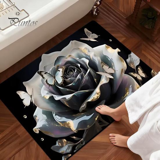 Realistic Rose Bathroom Rug 3D Floor Mat Flower Pattern Non-Slip Bath Anti-slip And Butterflies for Entrance Bedroom Living Room Butterfly Design