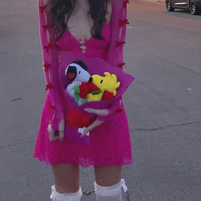 

Kkx Sweet and Spicy Style Y2g Cut Out Lace Bows Waistcoat Blouse Sexy Oversleeve Sexy Sun Protection Cardigan Women Rose Red One size