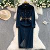 Hong Kong style star temperament single-breasted lapel denim dress women's autumn strap waist split long dress