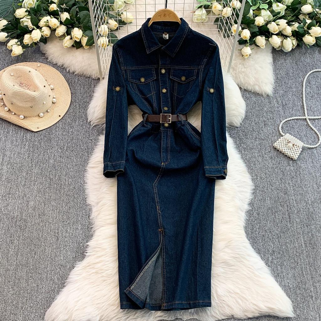 Hong Kong style star temperament single-breasted lapel denim dress women's autumn strap waist split long dress