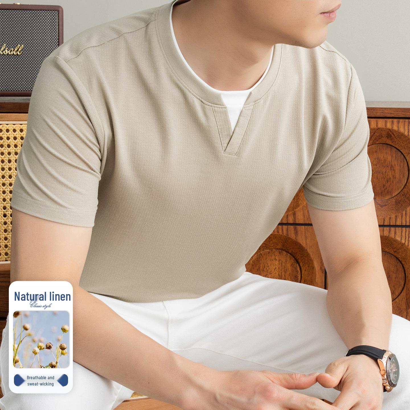 

Men s Summer Short Sleeve Tencel Linen T-shirt - Fake Two-Piece, Round Neck, Casual Old Money Style XXXL абрикосовий