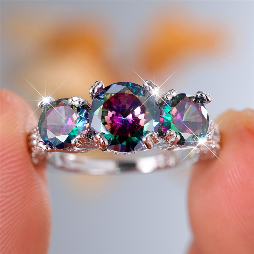 Female Rainbow Round Zircon Stone Finger Engagement Ring Vintage CopperColor Wedding Band Bridal Jewelry For Women
