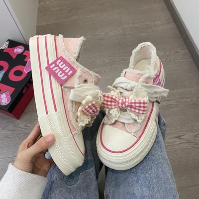 Fashion 2024 Canvas Shoes Women's Thick-soled Sneakers New Bow Lace Casual Shoes Women's White Lace-up Skate Woman Shoes