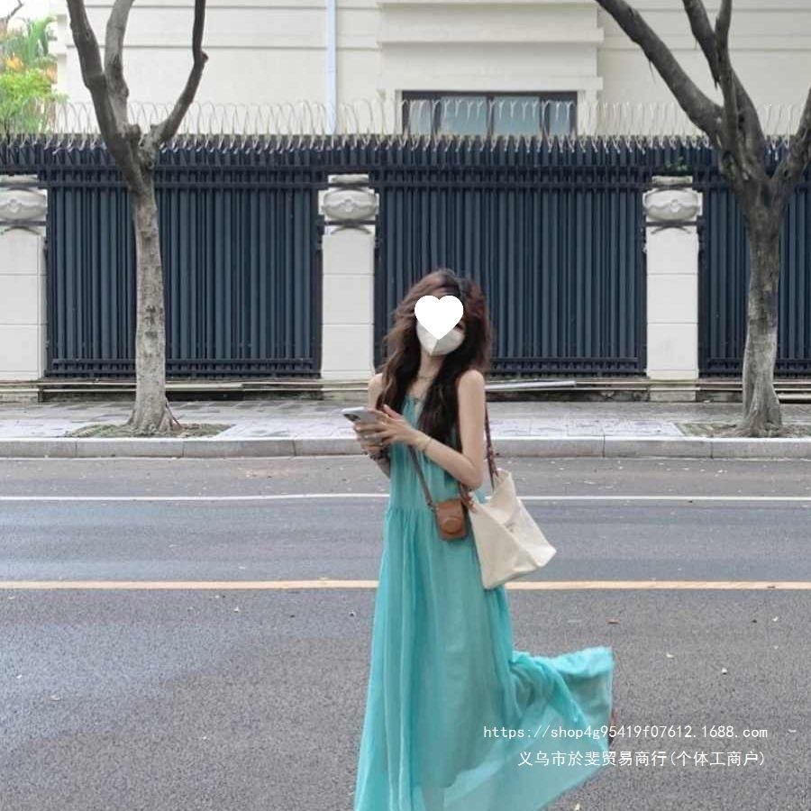 French hollow suspender dress women's summer seaside vacation wind beach skirt pleated lazy relaxation long skirt