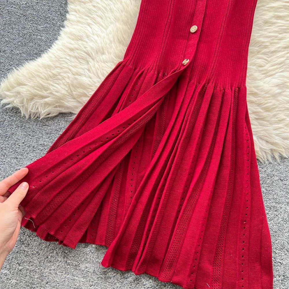 Sommer Damer Elegant V-hals Enkeltspent Strikket Futteral Genser Lang Maxi Fishtail Kjoler
