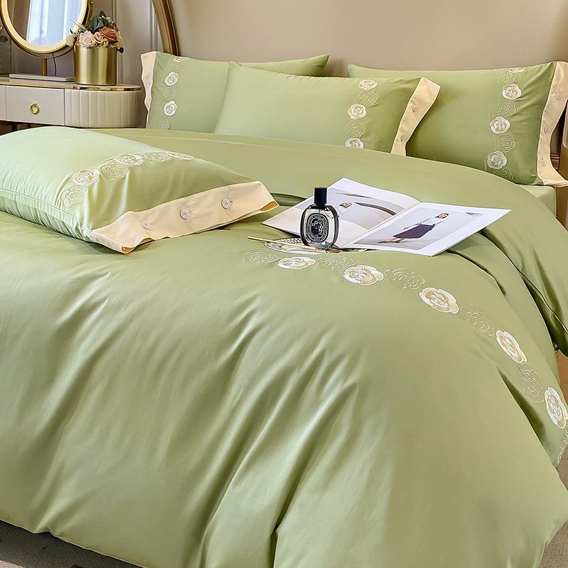 Light Luxury 60-Count Long-Staple Cotton Bedding Set: Solid Color Embroidered 4-Piece (Bed Sheet & Quilt Cover) Pure Cotton.