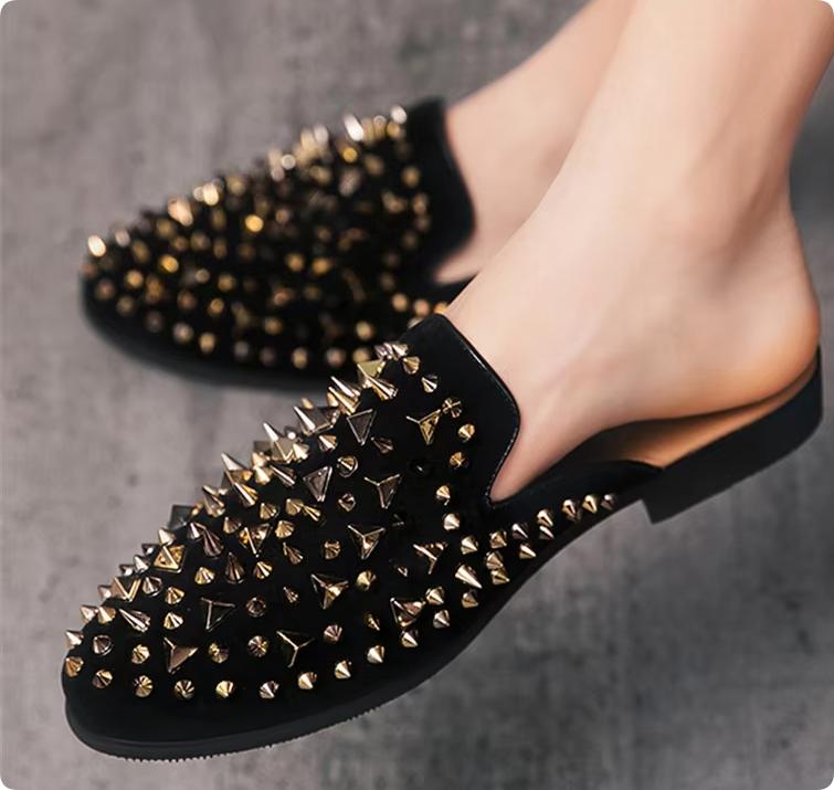 

Модные новые мужские полушлепанцы Хип-хоп панк обувь с заклепками и стразами Накидные повседневные мюли Мокасины Дышащие лоферы Zapatos Hombre 38