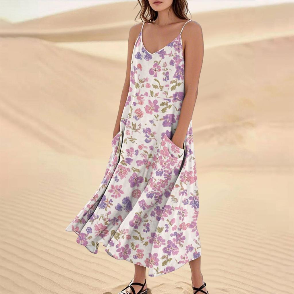 Women's Fashion Casual Floral Print Sleeveless Pocket Long Beach Dress