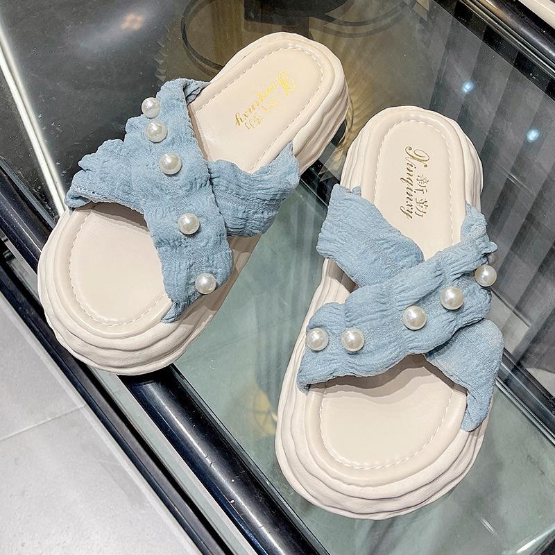 

Slippers women s summer new outer wear trend fashion versatile platform beach one-word sandals tide 40 синий