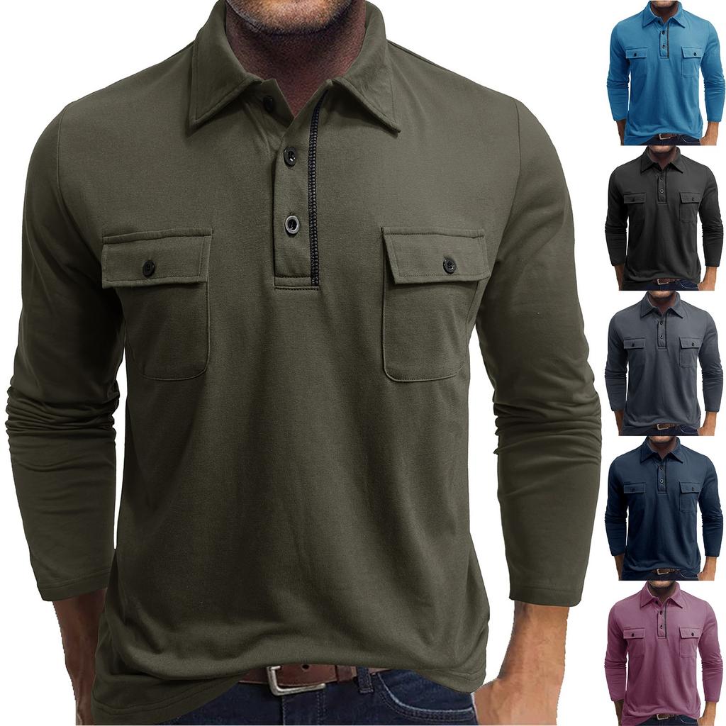 Men's Cotton Solid Color Shirt - Long-Sleeve, Spread Collar, Pocket - Outdoor Casual  Top