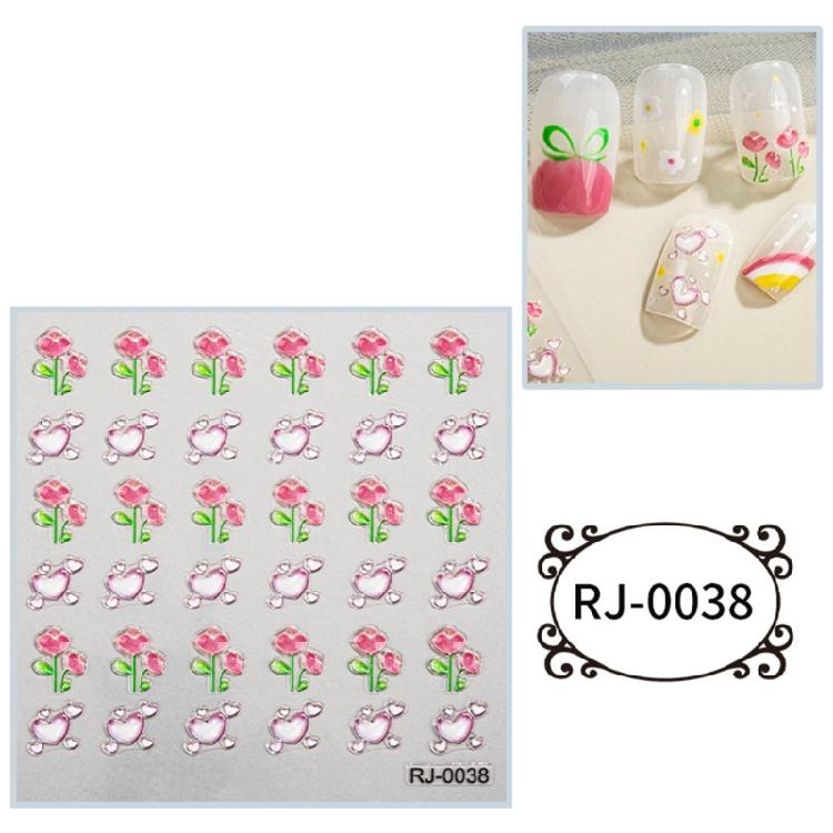 Embossed Cartoon Nail Art Stickers Decals Self-Adhesive Floral Nail Supplies
