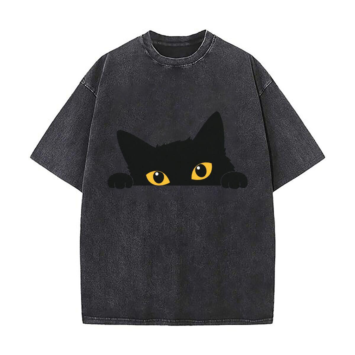 Minimal Peeking Cat Eyes Silhouette Washed Faded Vintage Short Sleeve Fashion Versatile Daily Tee S