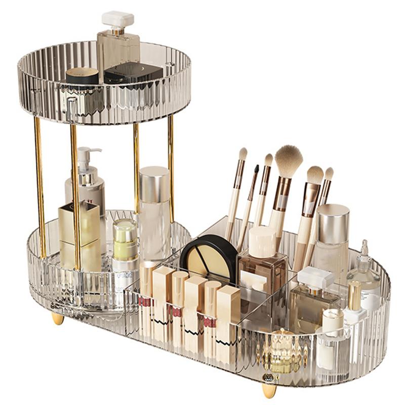 Rotating Makeup Organizer For Vanity, 2 Tier Perfume Cosmetic Skincare Organizers With Makeup Brush Holder