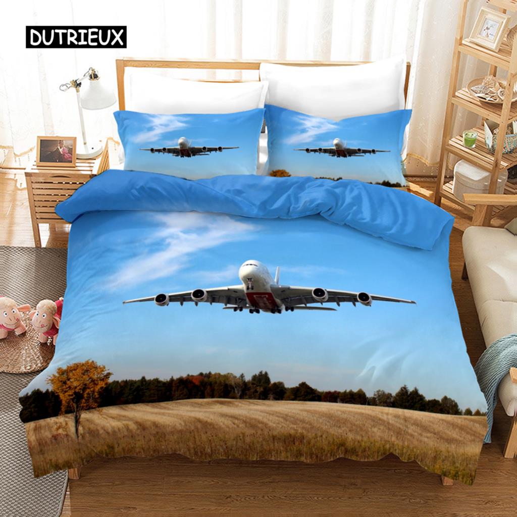 Plane Duvet Cover Microfiber Airplane Flying Through The Blue Sky Plane Theme Bedding Set for Boys Girls Double Queen King Size