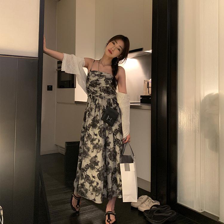 Shoulder Strap Adjustable Ink Floral Tube Top Suspender Dress Women's New Summer Waist Design Long Dress