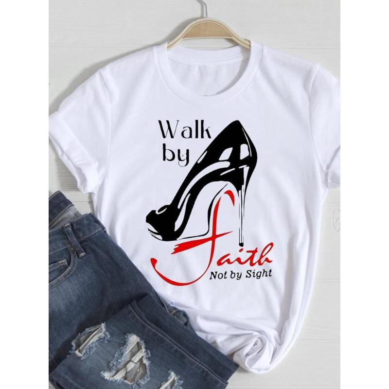 (European Size) Cute Women Tee Faith Letter Style Top Short Sleeve Fashion Print Lady Clothing Casual  T-shirt Female Graphic T-shirts