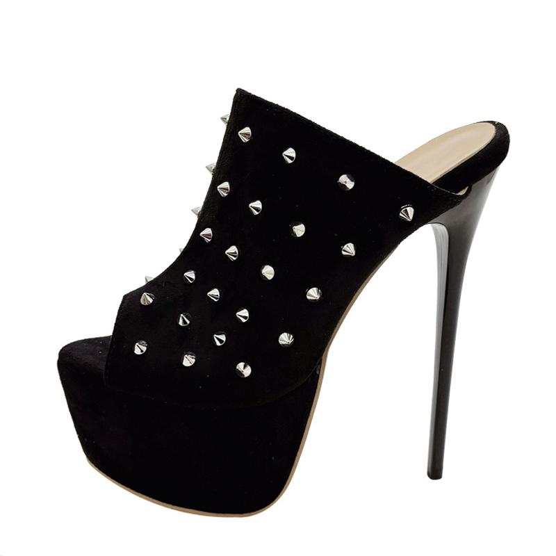 

Модная обувь Liyke для подиума, женские сексуальные шлепанцы на шпильке 16 см, сандалии с дизайном металлических заклепок, летняя платформа, высокий каблук, туфли для вечеринок и стриптиза, черные 35 чёрный
