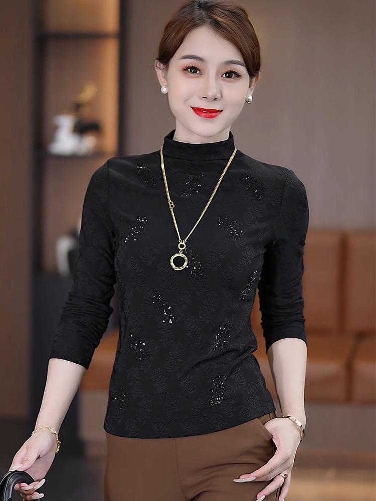 2024 Herbst/Winter Damenbluse mit halbhohem Kragen aus gestricktem, angerautem Stoff und Strassverzierungen