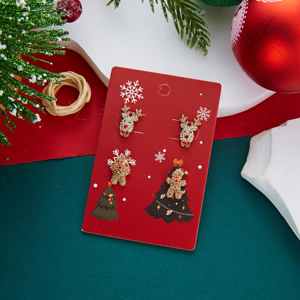 Joyful Christmas Santa Reindeer Gingerbread Stud Earring Set for Women Merry Holiday Rhinestone Earrings Festive Accessories