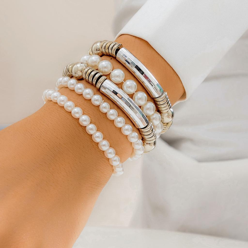 Simple Bow Pearl Beaded Bracelet Set, Fashionable Stacked Metal Elbow Jewelry Women