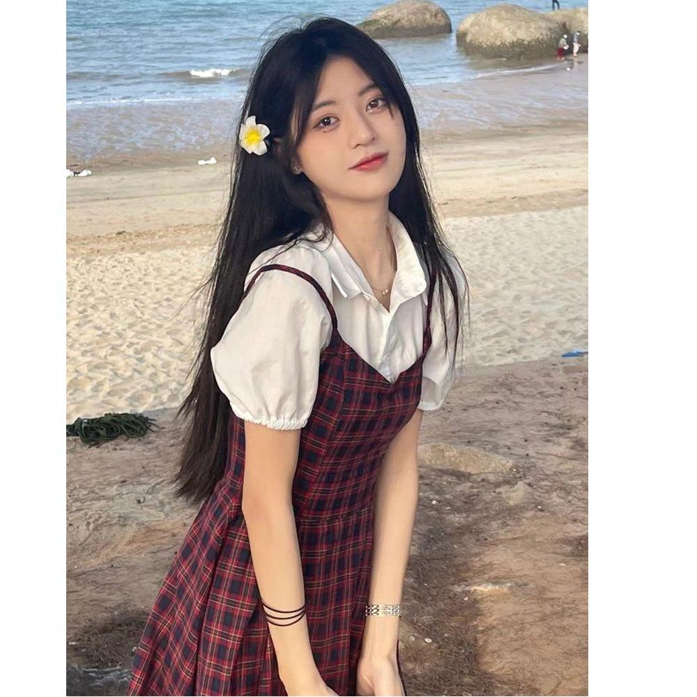 Fake Two-piece Bubble Sleeve Plaid Suspender Dress Women's Summer Niche Design High-end Temperament Waist Short Skirt