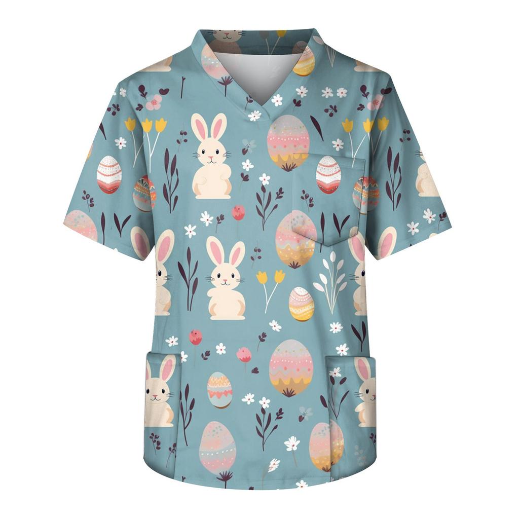 Men's Short Sleeve V-Neck Easter Egg Print Chest Pocket Care Top