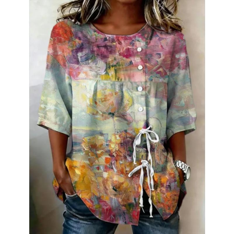 Women's Printed Lace-up Short-sleeved Blouse, Fashionable and Versatile, Comfortable and Skin-friendly, Machine Washable.