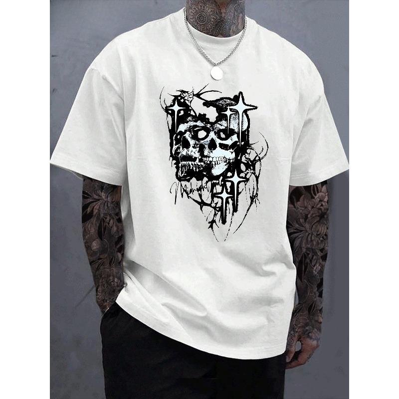 European Sizes Men's T-Shirt with Edgy Gothic Streetwear Design - Short Sleeve Round Neck Tee, Skull & Bone Print for Casual Wear, Gym