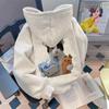 Trendy Autumn/Winter Cat Print Plush Lined Hooded Sweatshirt - Loose, Casual, Versatile Jacket