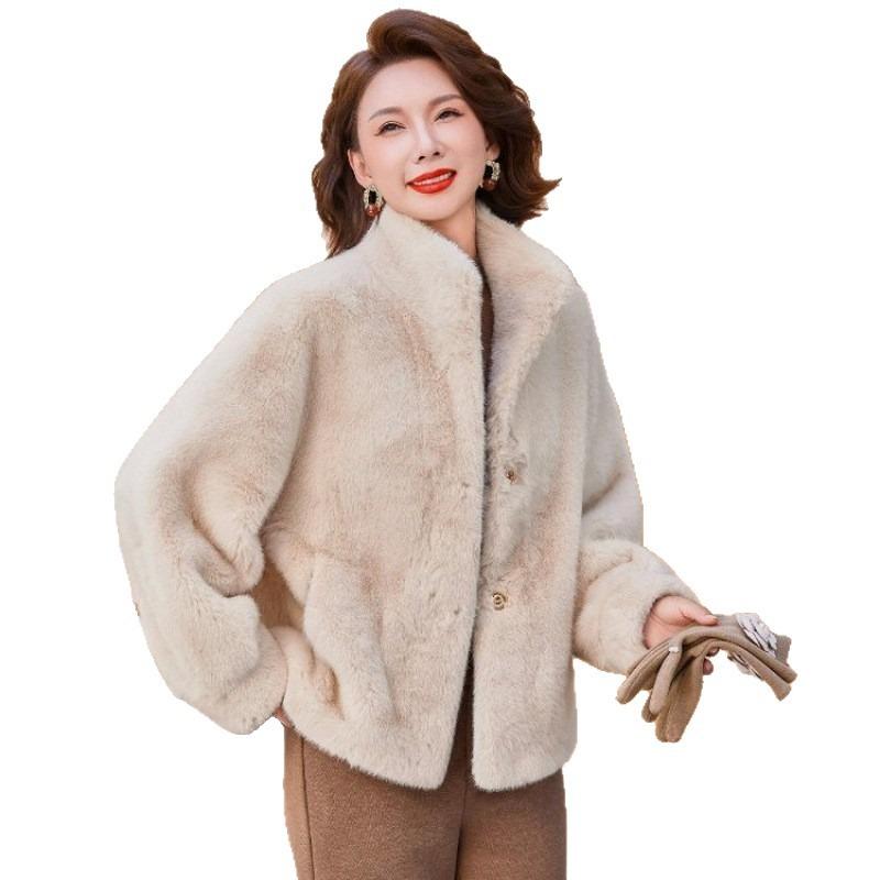 Medium-aged women's clothing, young women wear short stand-up collar mink fleece fur integrated leather fleece jacket for women
