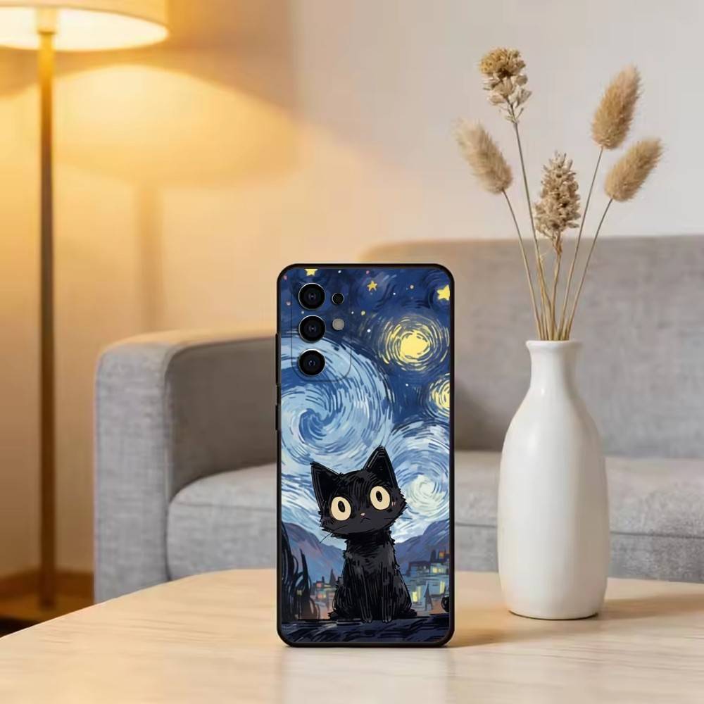 Cute Black Cat Illustration Phone Case For Samsung S25,S24,S21,S22,S23,S30,Ultra,S20,Plus,Fe,Soft Silicone Black Cover