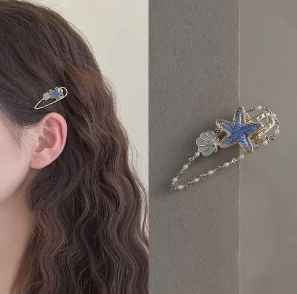 1PC Cute Summer Starfish And Shell Hair Clip Pearl Rhinestone Beach Style Girl Hair Clip Duckbill Clip Casual Hair Accessories