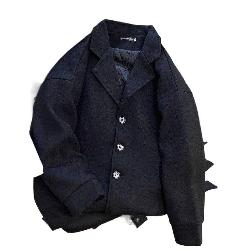 Unisex Retro Wollmantel in mittlerer Länge - Schwarz, Baumwollgefüttert, Lockere Passform, Koreanischer Stil für Herbst/Winter