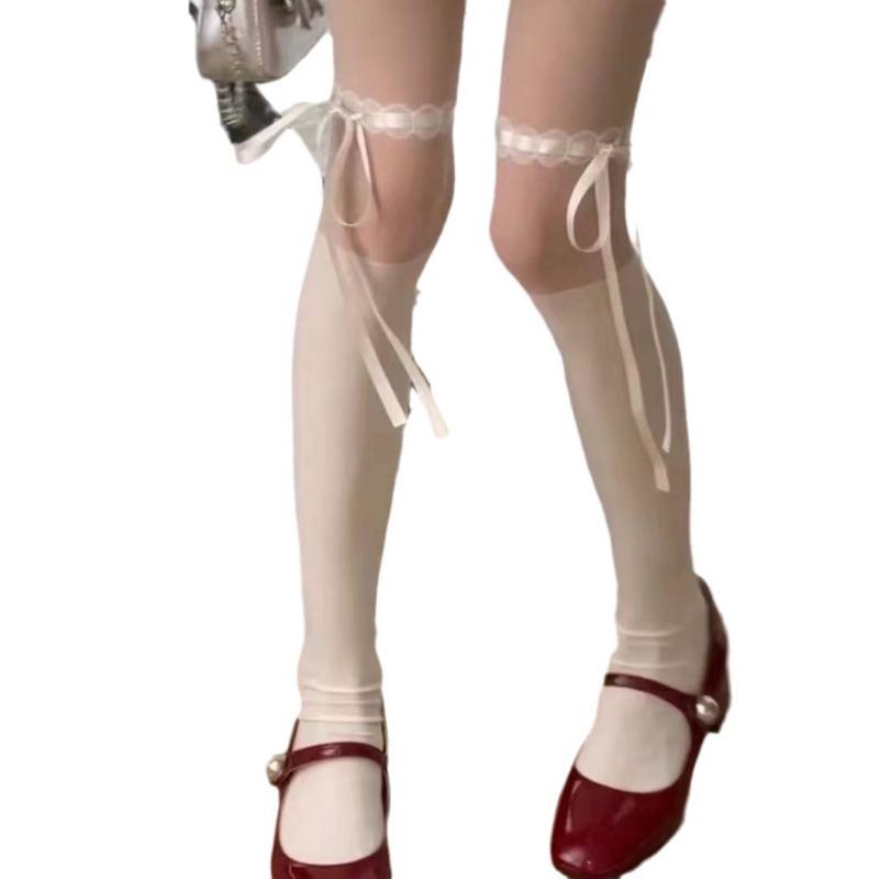 Schleife Spitzenbesatz Schwarz und Weiß Seidenstrümpfe für Frühling und Sommer, Dünne und vielseitige Strumpfhose, Patchwork-Basissocken