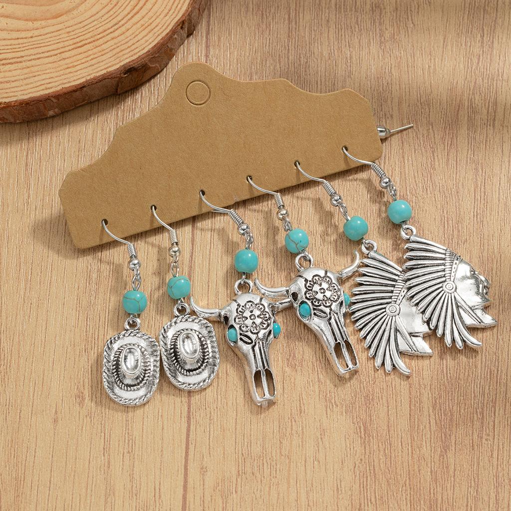 3 Pairs/set of Retro Turquoise Butterfly Feather Heart Inlaid Pendant Western Style Denim Earrings