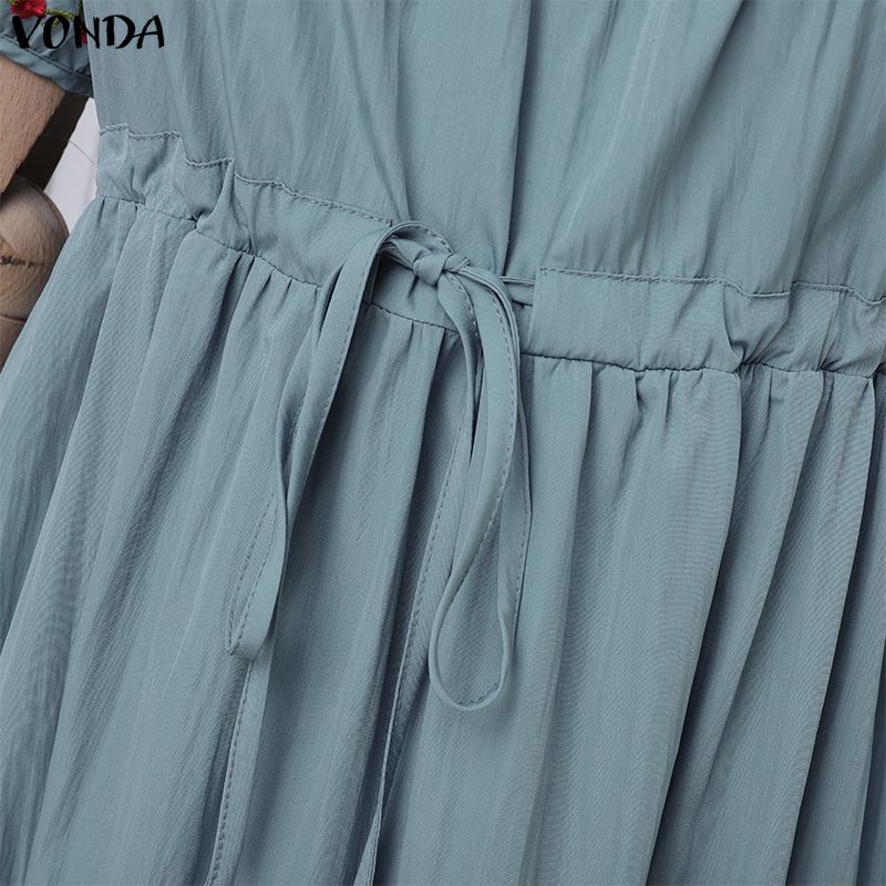 VONDA Vintage Women Stand Neck Short Sleeve Embroidery Patchwork Long Dress