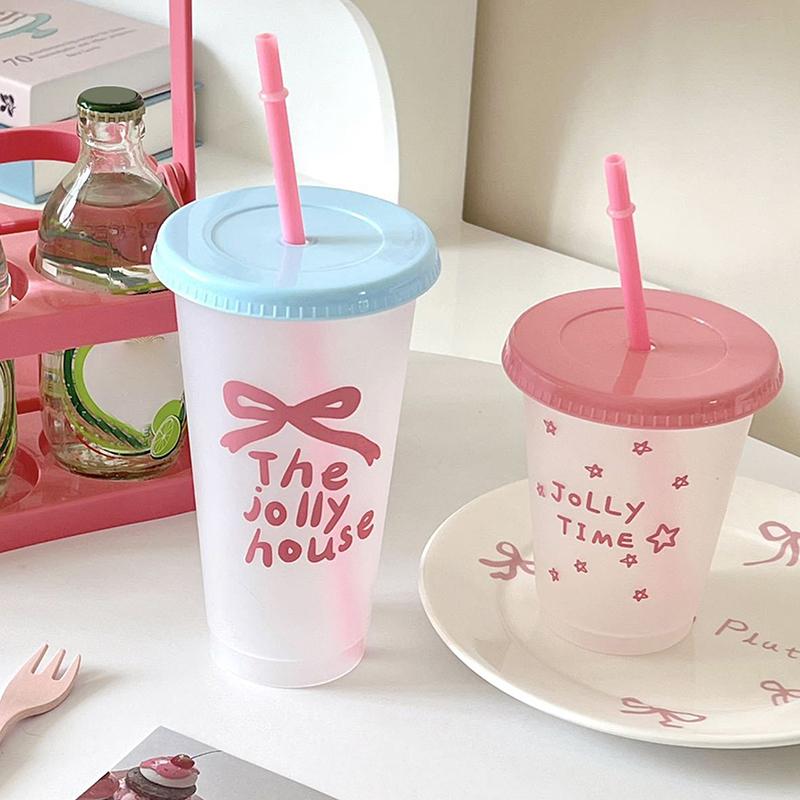 1Pc Ins Portable Reusable Drinking Bottle Kawaii Water Bottle For Coffee Juice Milk Tea Cute Plastic Cold Cups With Straw Lid