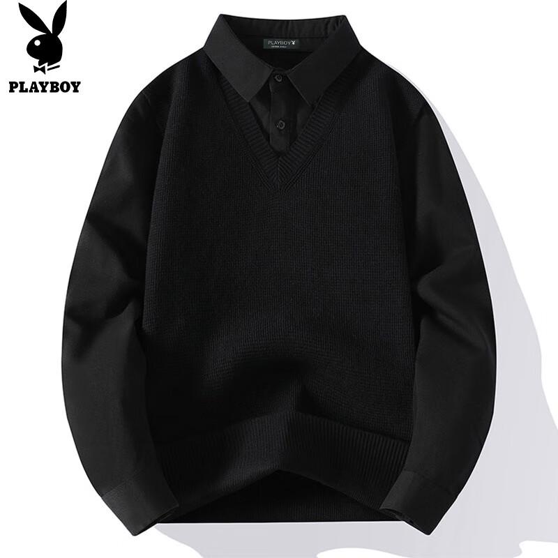 Playboy Men's Faux Two-Piece Shirt Collar Knit Sweater