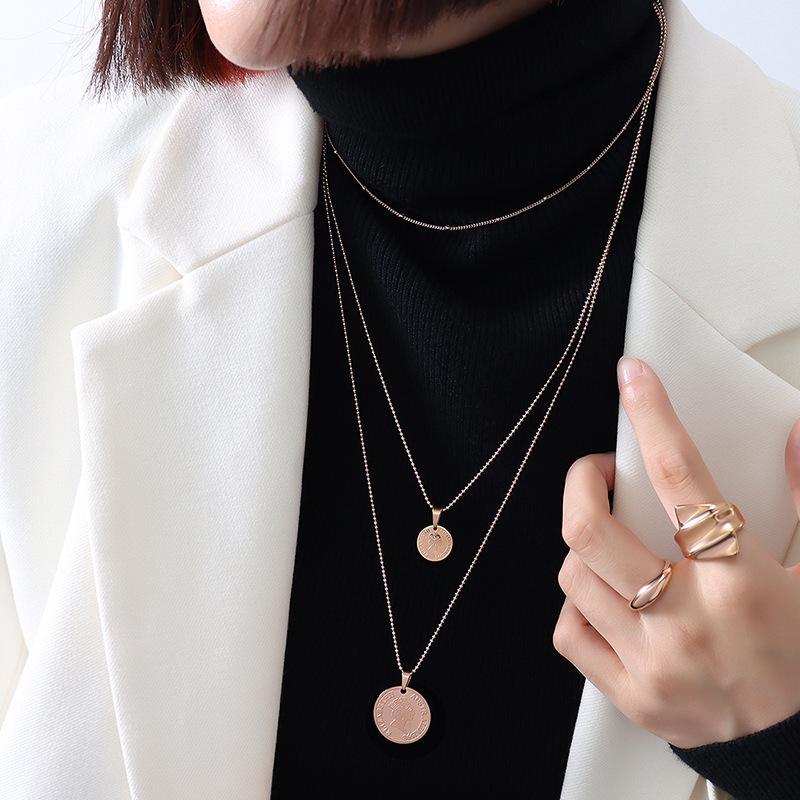 French Retro Style Portrait Beaded Necklace, 18K Gold-Plated Titanium Steel, P508