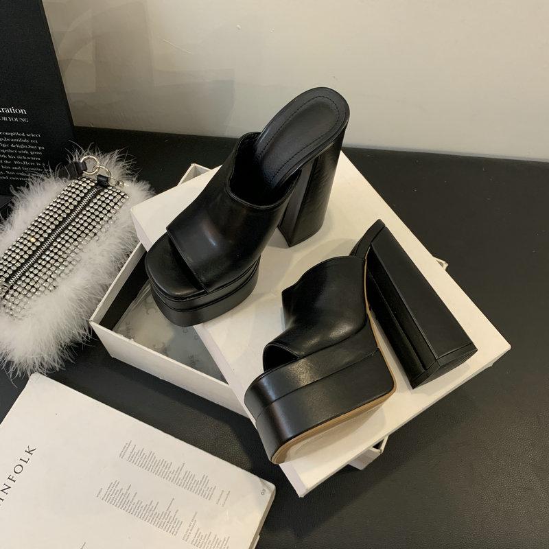 Fashion European And American Thick High Heel Slippers 14.5cm Fish-Mouth Heels With Double Waterproof Platform And Thick Soles