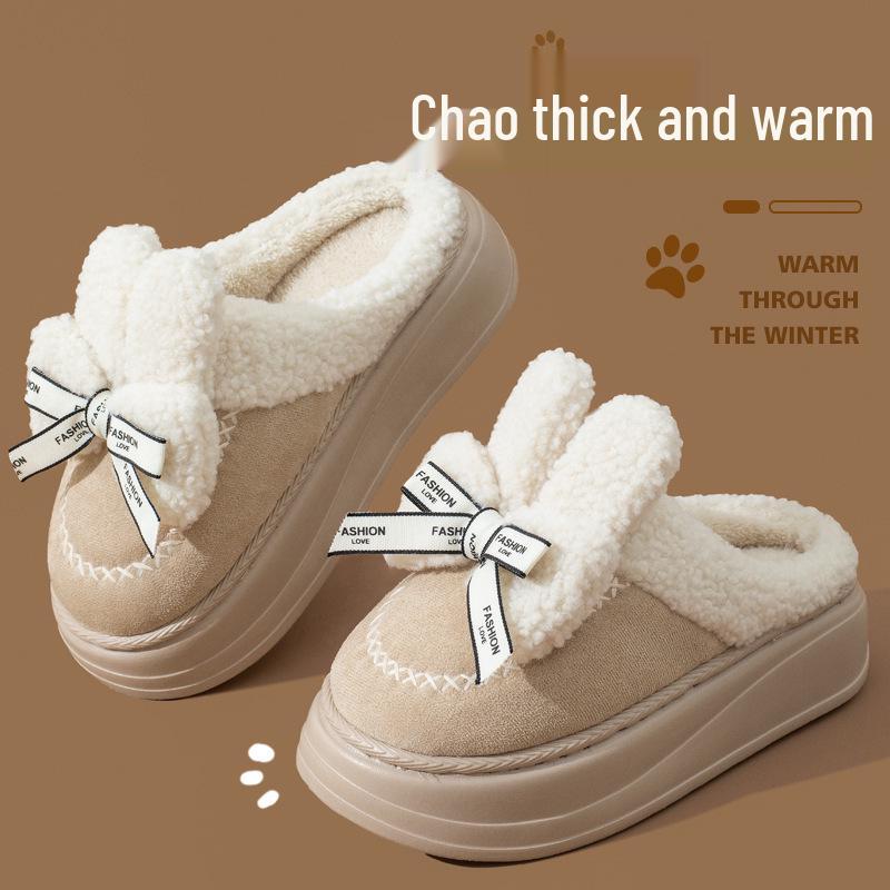 Damen Plüsch Schleifen Baumwollpantoffeln - Dicke Sohle, Warm, Kältefest, Neu für 2025, Perfekt für den Herbst-/Winter-Innenbereich.