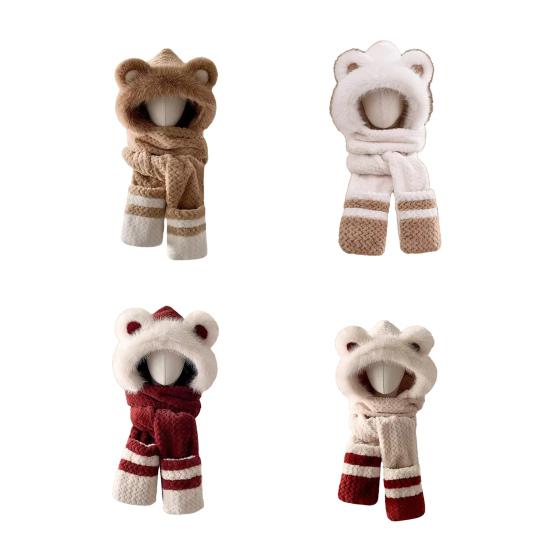 3 in 1 Hat Scarf Gloves Set Bear Ear Decor Thickened Plush Winter Hat Matching Scarf Gloves Function Cold Weather Outfit