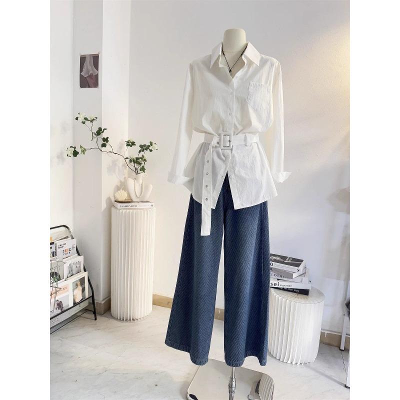 Women's White Oversized Button Down Shirt with Belt Long Sleeve Pocket Loose Blouse