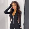 European Women's Autumn Solid Color Long Sleeve Zipper Waist-Cinching Slimming Sports Yoga Jumpsuit